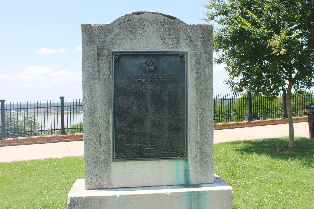 Plaque with names of those who were killed in the Rhythm Club fire of April 23, 1940 in Natchez, MS
